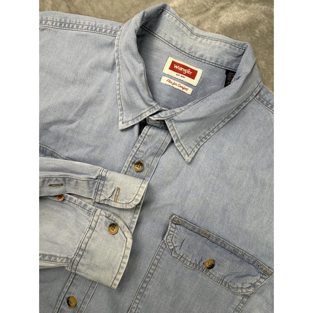 Wrangler Denim Shirt Men's XLarge‎ Comfort Flex Long Sleeve Button Front